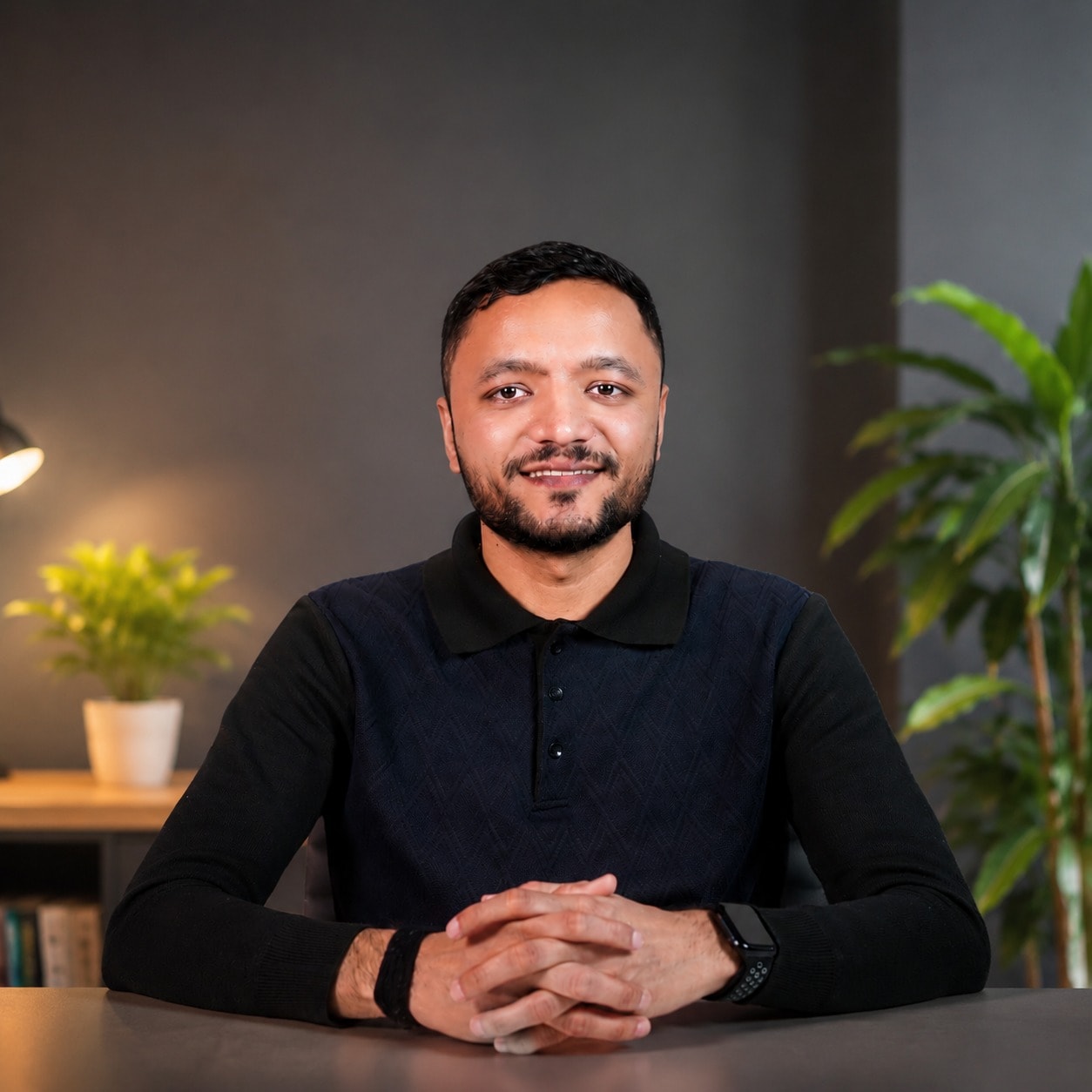 Rahul Savani, insurance and investment advisor, smiling at his desk